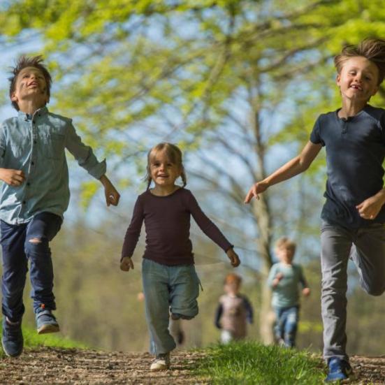 Børn løber om kap i skov