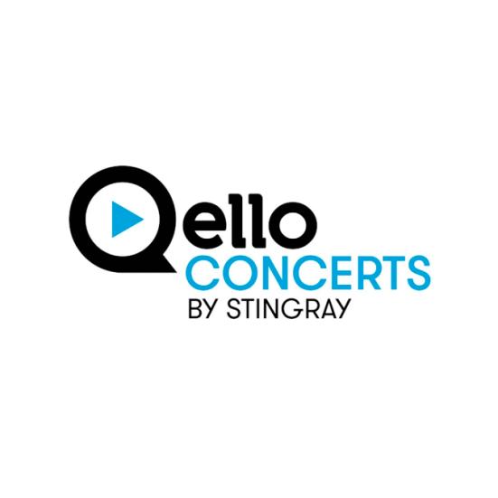 Logo med teksten qello concerts by stingray. Q er afbilledet med en blå playknap