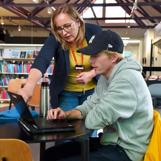 Bibliotekar vejleder studerende.