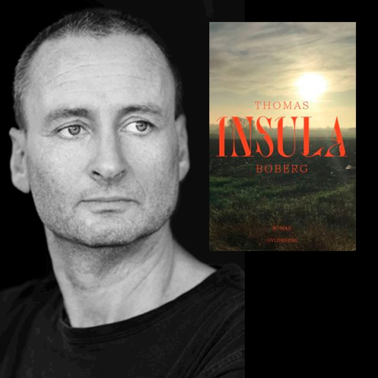 Foto af Thomas Boberg og forsiden på bogen Insula