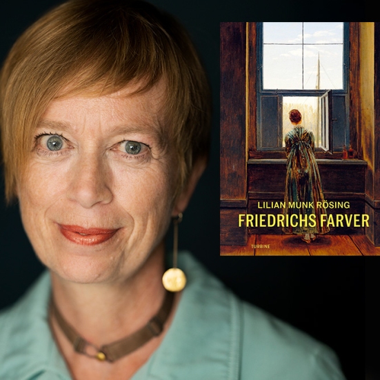 Foto af Lilian Munk Rösing og forside på bogen Friedrichs farver