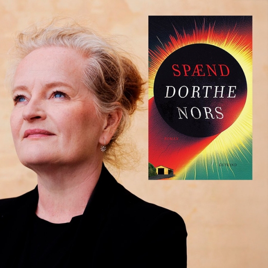 Foto af Dorthe Nors og forsiden på bogen Spænd