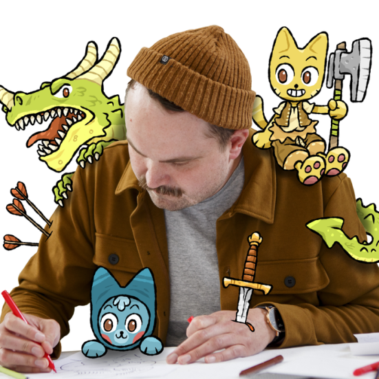 Illustrator Thomas Knappe tegner omgivet af fantasivæsner