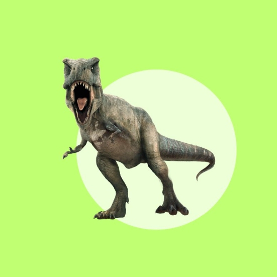 Grøn baggrund og billede af en T-rex dinosaur. 