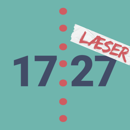 Grafik med 17:27 og et klistermærke med "læser"