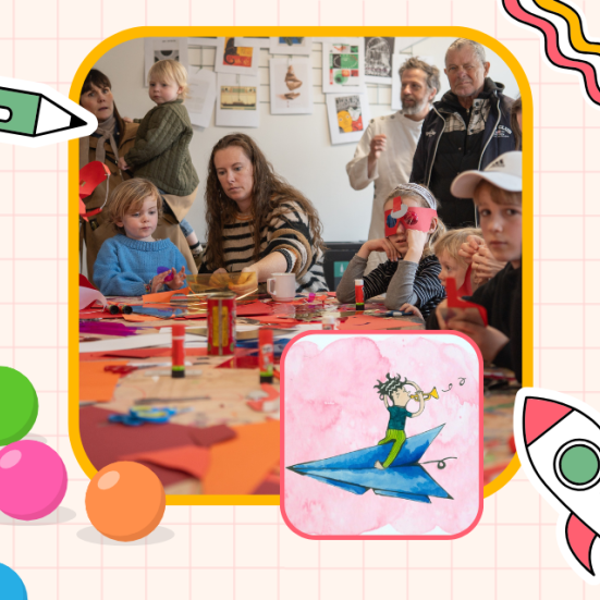 Kollage af tegning af barn på papirflyver, balloner og et virkeligt foto af børn og voksne, der laver krea