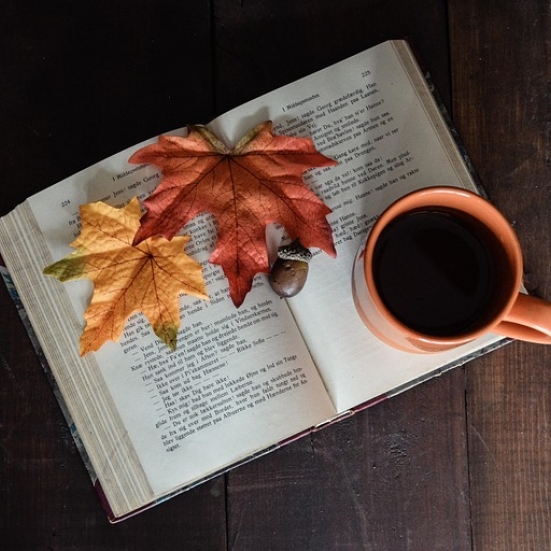 En bog med 2 efterårsblade og en kop kaffe