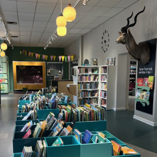 Børnebiblioteket på Silkeborg Bibliotek. Kasser med bøger, et udstoppet Kudu-hoved på væggen og en flagranke i baggrunden. 