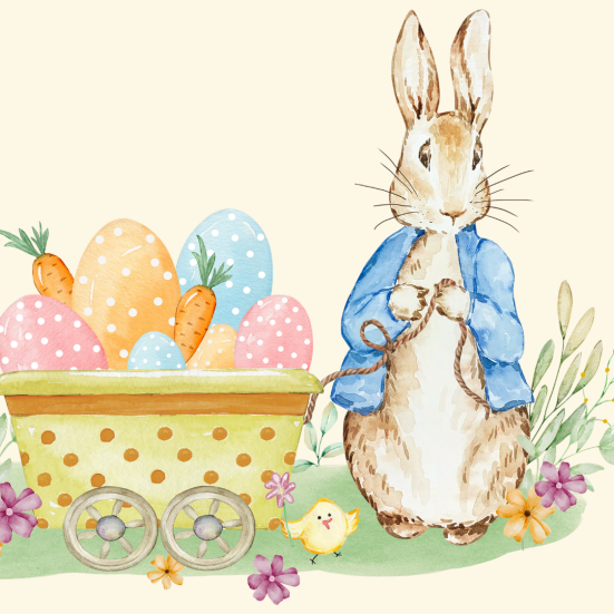 Peter Kanin og en vogn med påskeæg