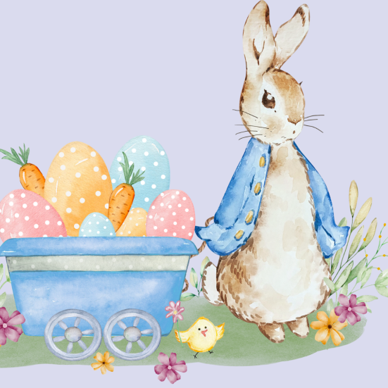 Peter Kanin og en vogn med påskeæg