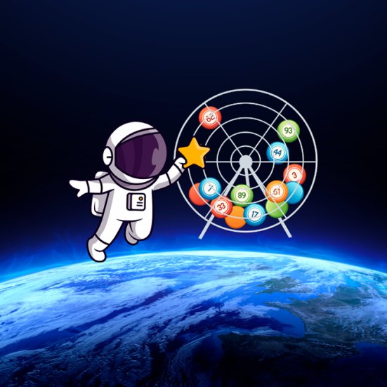 Grafik af astronaut og hjul med bolde med tal på i rummet foran jorden