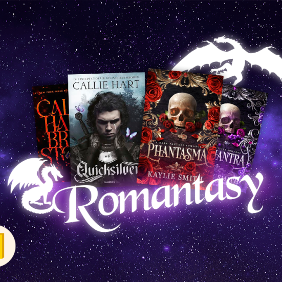 Grafisk billede af fire romantasy bøger og drager. Billedet har teksten "Romantasy".