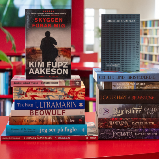 Foto af en stak bøger på rød og grøn baggrund