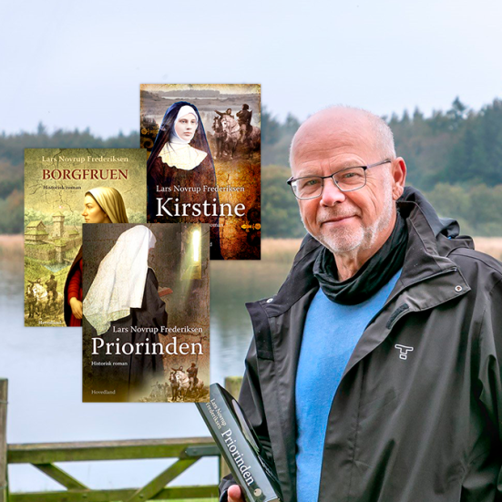 Forfatter Lars Novrup med Frederiksen og de historiske romaner Kirstine, Priorinden og Borgfruen.