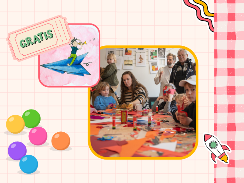 Kollage af tegning af barn på papirflyver, balloner og et virkeligt foto af børn og voksne, der laver krea