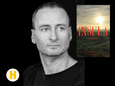 Foto af Thomas Boberg og forsiden på bogen Insula