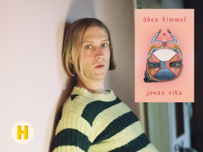 Foto af Jonas Eika og forsiden på bogen Åben himmel