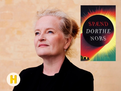Foto af Dorthe Nors og forsiden på bogen Spænd