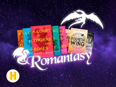 En række bogforsider og grafik med to drager