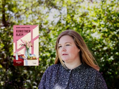 Foto af Amalie Laulund Trudsø og bogforside Kunstnerhjem