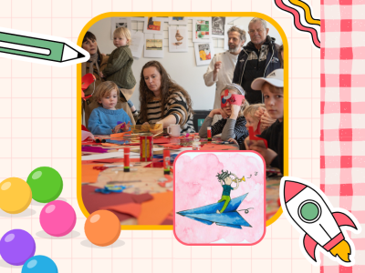 Kollage af tegning af barn på papirflyver, balloner og et virkeligt foto af børn og voksne, der laver krea