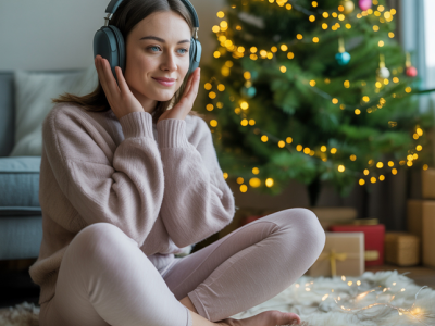 Kvinde sidder på gulvet med høretelefoner på og juletræ i baggrunden