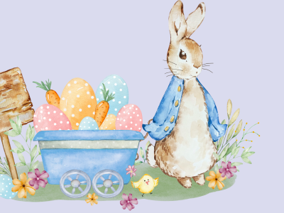 Peter Kanin og en vogn med påskeæg