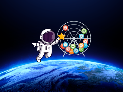 Grafik af astronaut og hjul med bolde med tal på i rummet foran jorden