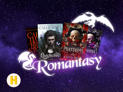Grafisk billede af fire romantasy bøger og drager. Billedet har teksten "Romantasy".
