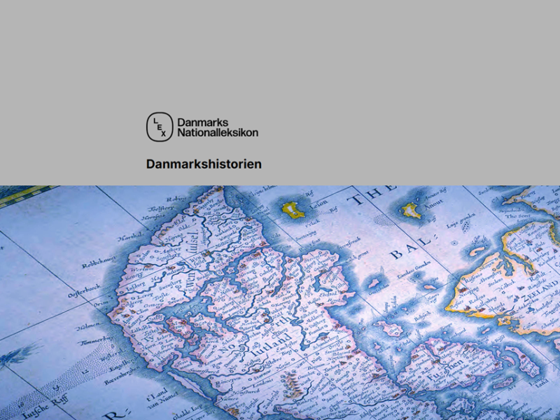 gammelt danmarkskort og logo med teksten danmarks nationalleksikon danmarkshistorien