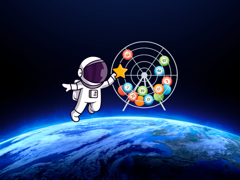 Grafik af astronaut og hjul med bolde med tal på i rummet foran jorden