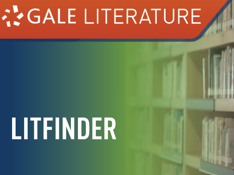 logo med teksten gale Literature LitFinder i baggrunden bogreoler med bøger