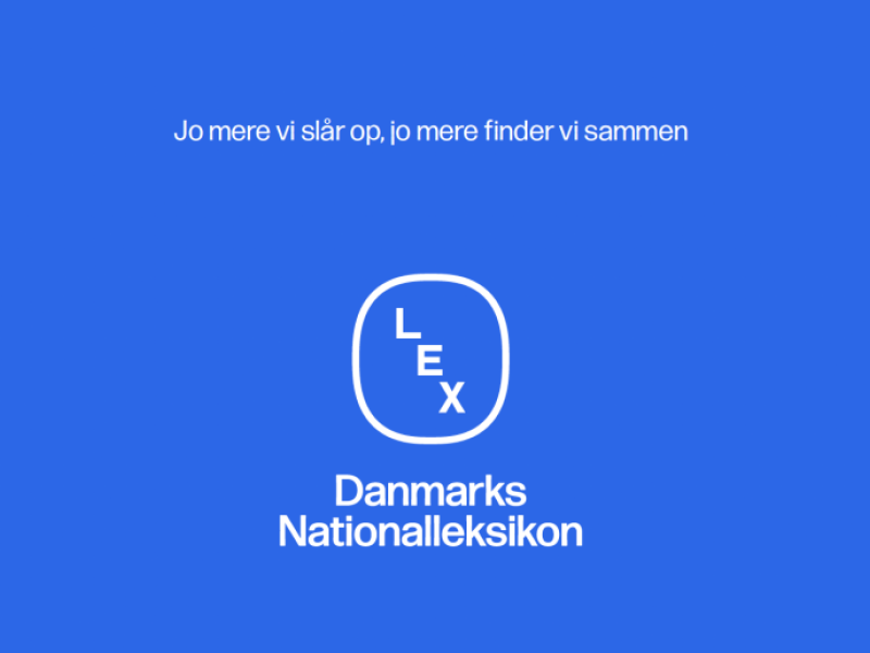 logo med teksten LEX Danmarks Nationalleksikon. Øverst sætningen "Jo mere vi slår op, jo mere finder vi sammen"
