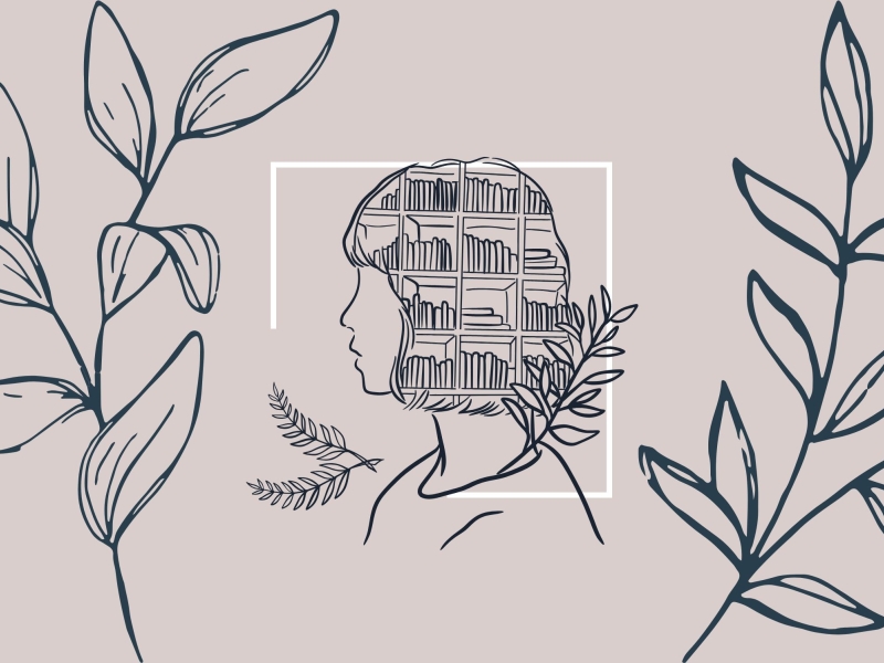 Grafik af kvinde med hovedet fuld af fortællinger/bøger