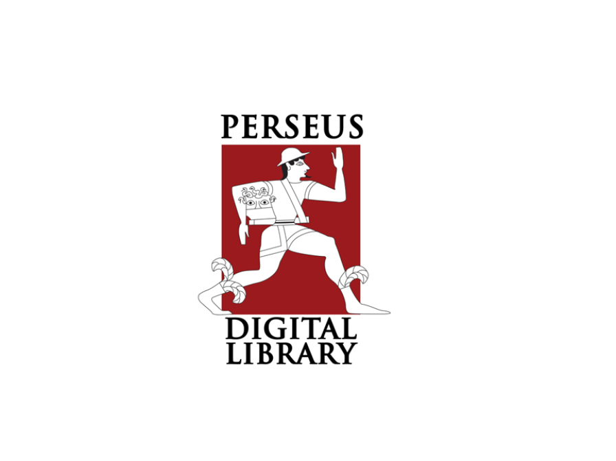 Logo med stiliseret afbildning af Perseus med vingede sandaler og medusas hoved under armen. Derudover teksten perseus digital library.