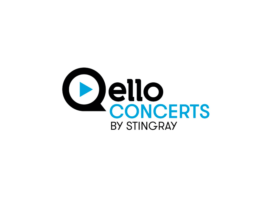 Logo med teksten qello concerts by stingray. Q er afbilledet med en blå playknap