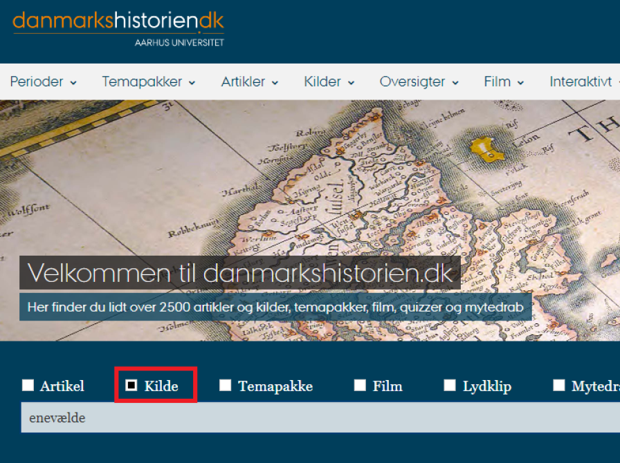 Forsidebillede af Danmarkshistorien, der viser, hvordan man kan afgrænse søgningen til søgning på kilder.