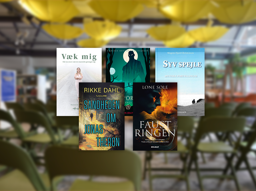 Sløret baggrund med tom scene og 5 bogforsider i forgrunden. 