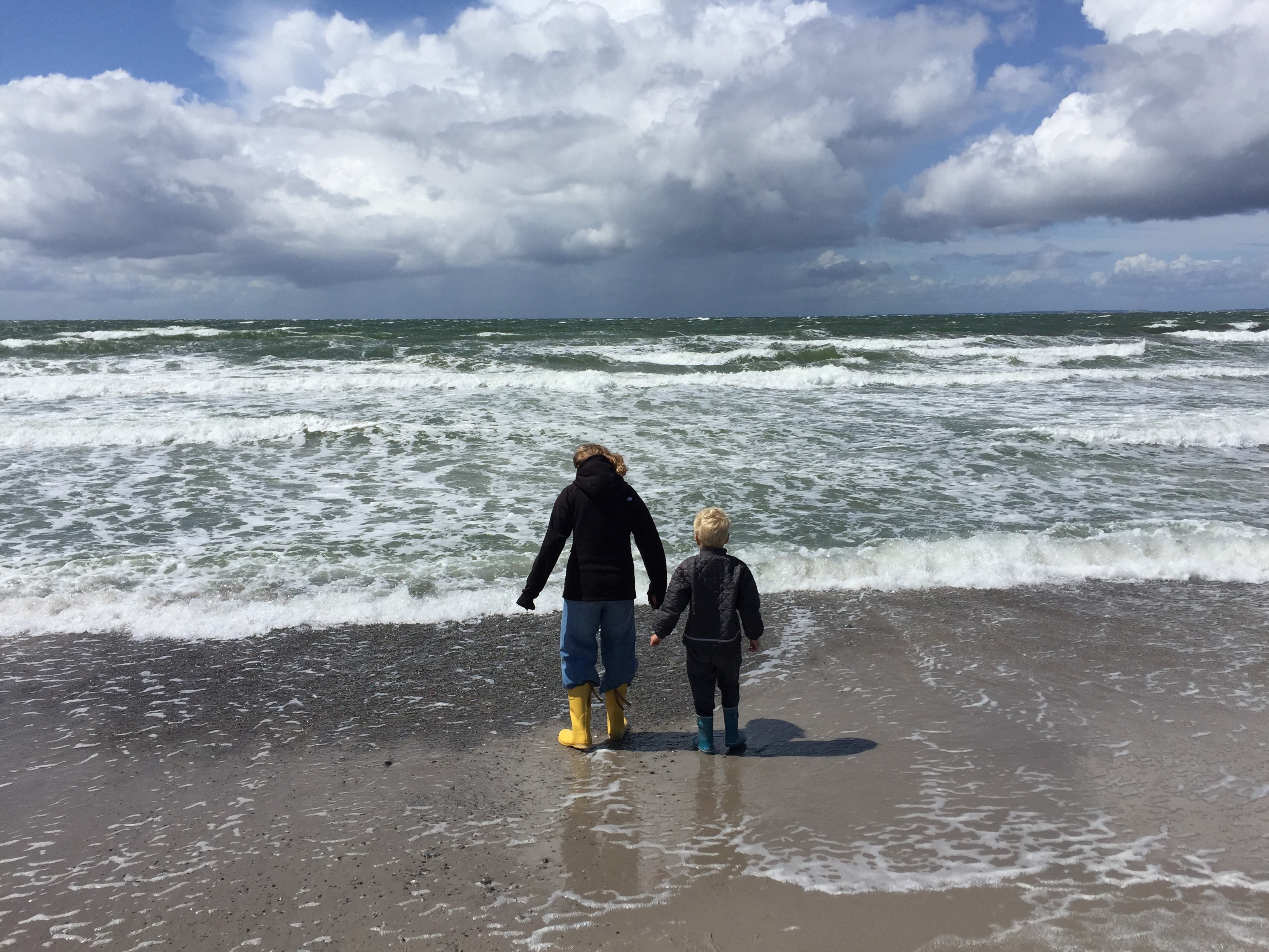 to børn set bagfra står og kigger ud over havet 