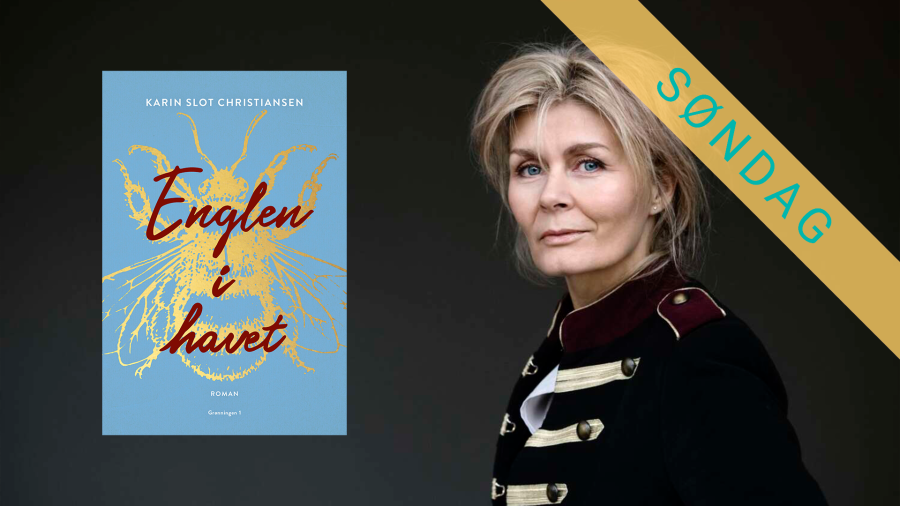 Forfatter Karin Slot Christiansen og bogforside Englen i havet