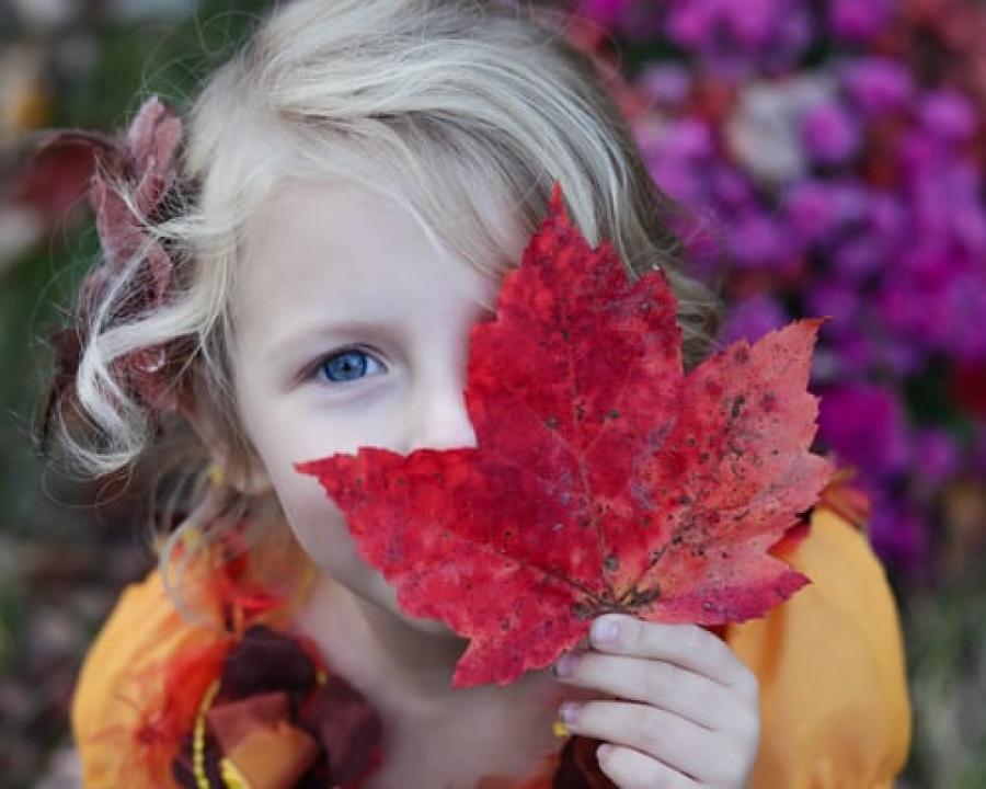 Lille pige med et rødt efterårsblad i hånden