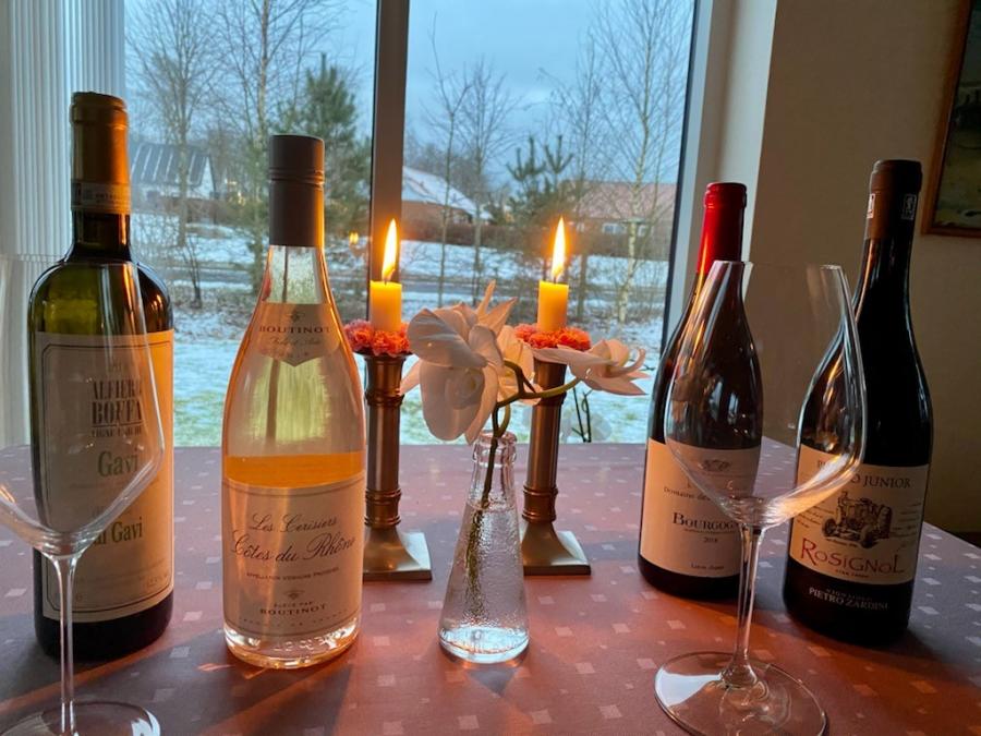 vine og glas i vintervejr