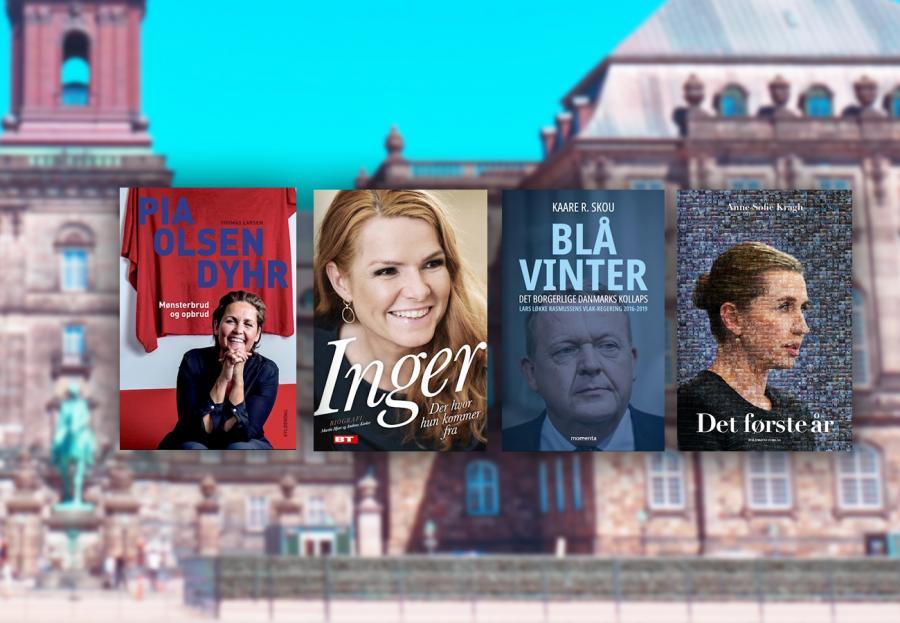 Billede af Christiansborg med 4 bogforsider med politikere