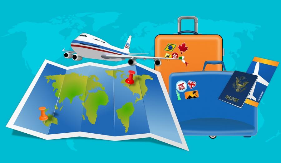 Tegning af verdenskort, fly, 2 kufferter og pas