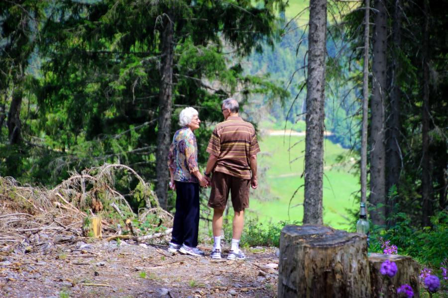 Et ældre par nyder udsigten med hinanden i hånden