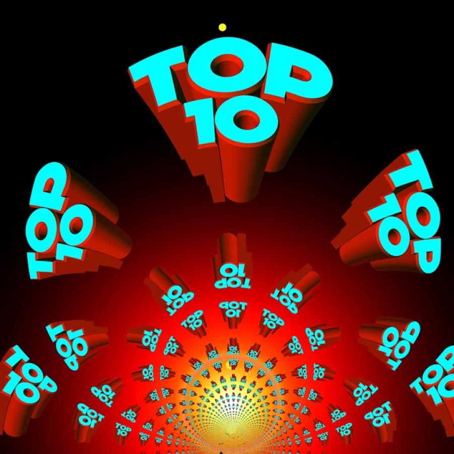 TOP 10 skrevet i forskellige størrelser på rød baggrund