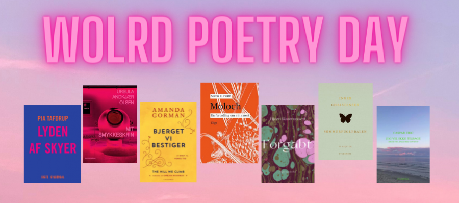 En række digtsamlinger og teksten World Poetry Day på en lyserød himmel